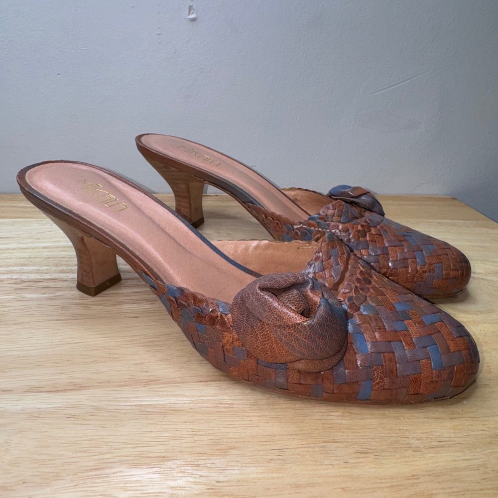 Mikala Sylvan Brown Blue Woven Leather Knot Mules Kitten Heels 10M Italy